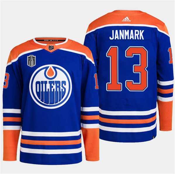 Mens Edmonton Oilers #13 Mattias Janmark Royal 2024 Stanley Cup Final Patch Stitched Jersey Dzhi